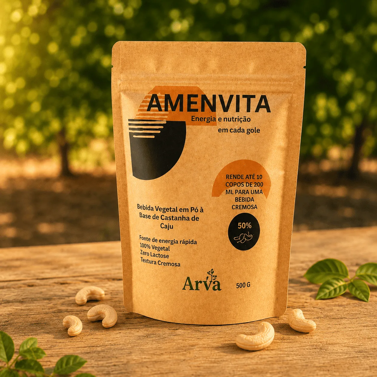 Embalagem real da Amenvita com castanhas e bebida vegetal