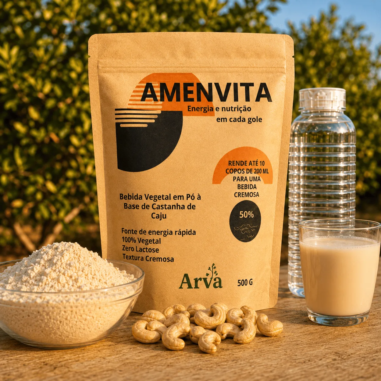 Embalagem Amenvita, castanhas e bebida vegetal
