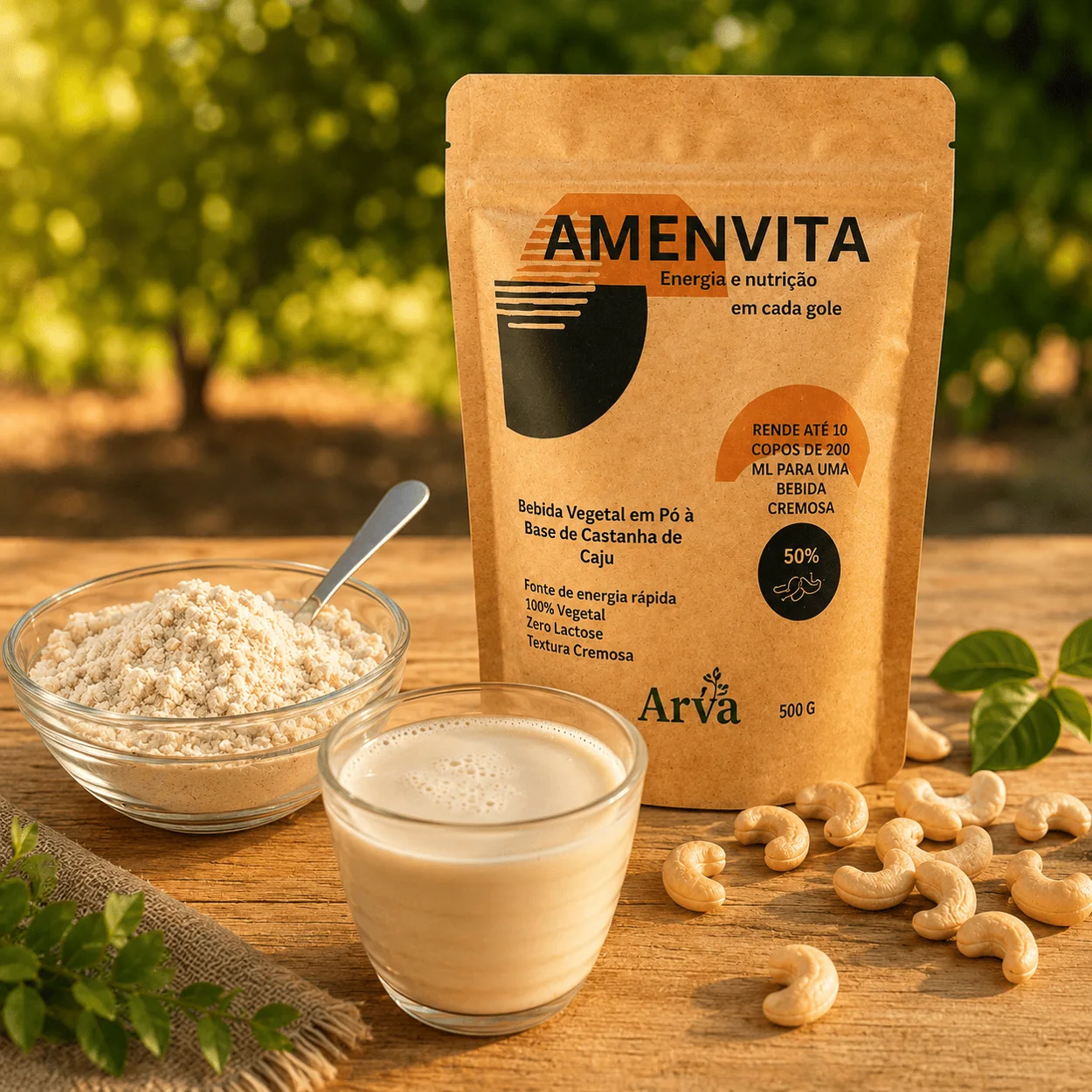 Amenvita, castanhas e bebida preparada em uma composição de produto